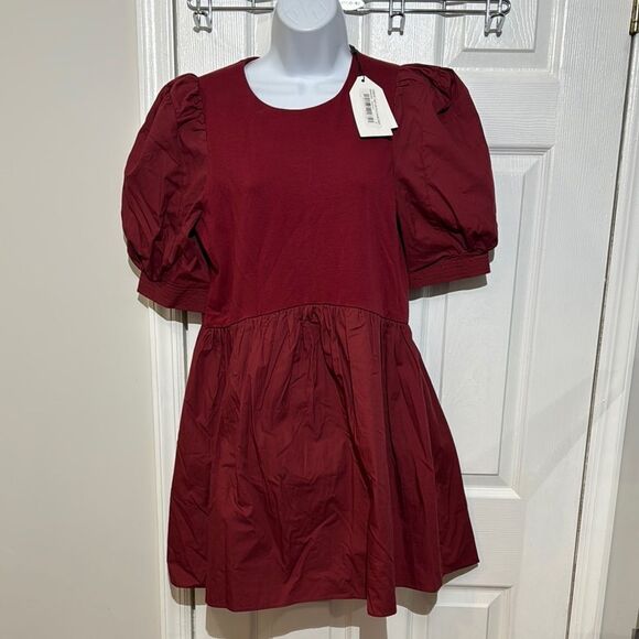 NWT English Factory Puff Sleeve High Low Knit Combo Dress size S - Picture 4 of 16